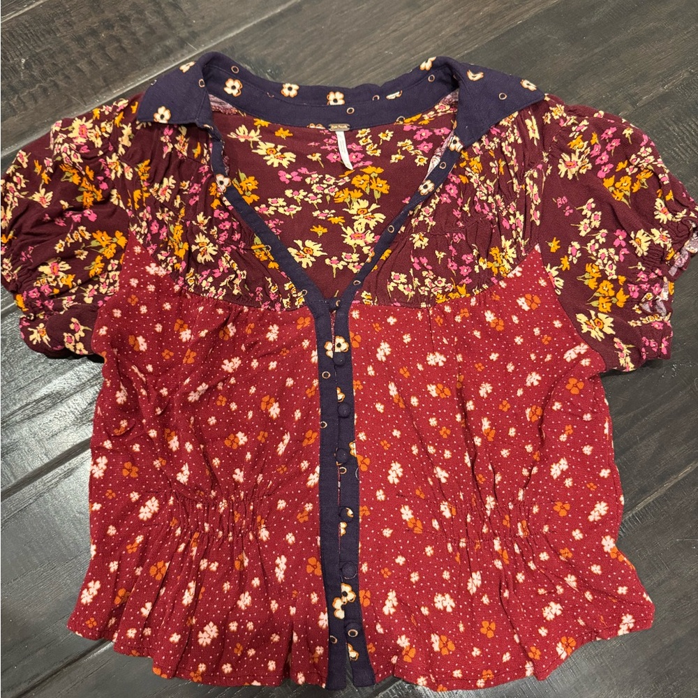 Free People Floral Patchwork Button-Front Blouse … - image 1